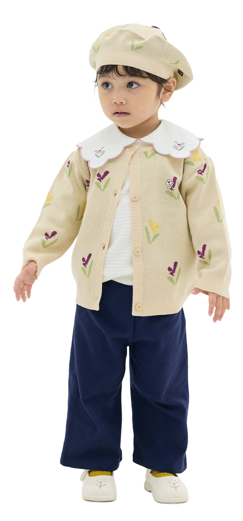 女の子花柄カーディガンが主役のキッズコーディネート
