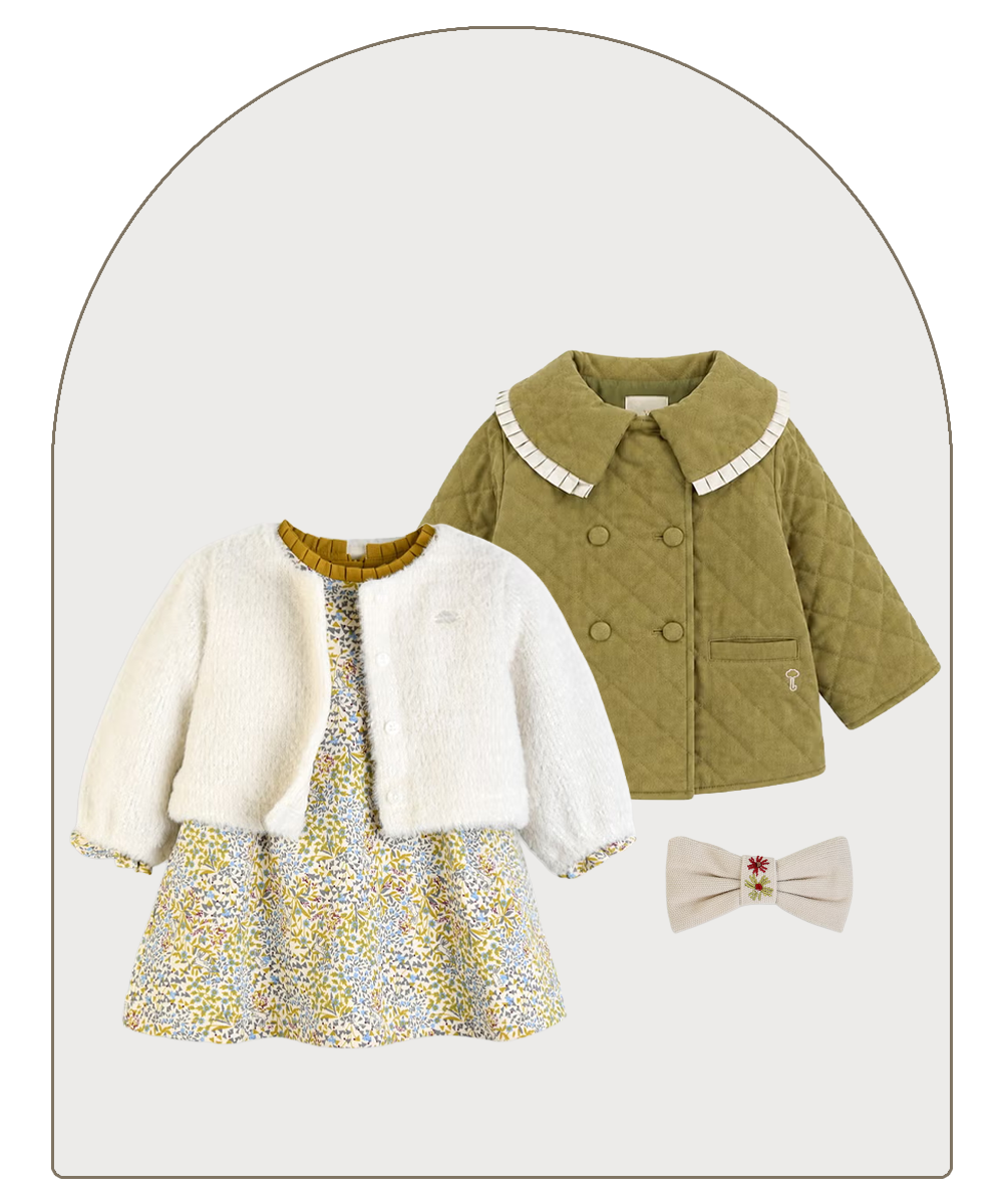 トドラーの女の子用ギフトコレクション　オリーブのワンピースセット