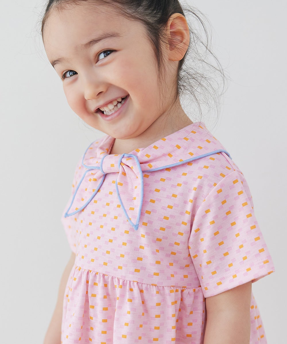 吸汗速乾】リボンカラー幾何学柄半袖ワンピース | おしゃれな子供服