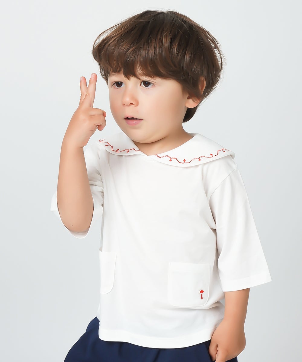 レッドステッチ襟付き7分袖Tシャツ | おしゃれな子供服 moimoln