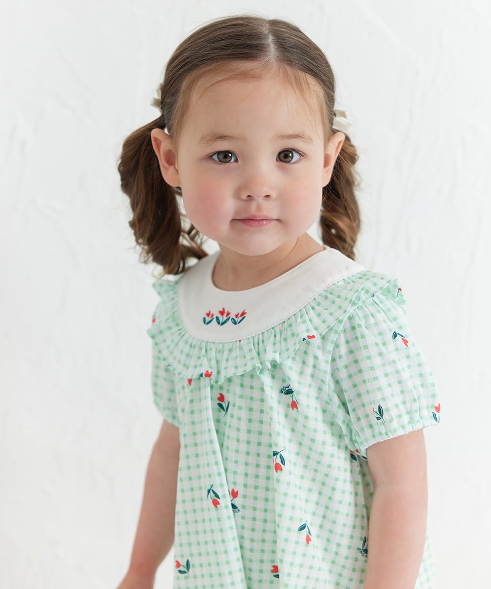 チューリップチェック柄半袖フリルワンピース | おしゃれな子供服