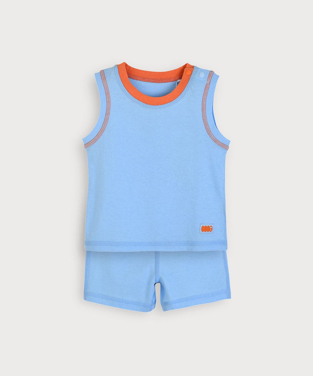 水色の上長袖M 下半パンM シームレス】【セットアップ】配色タンクトップ&ショートパンツ