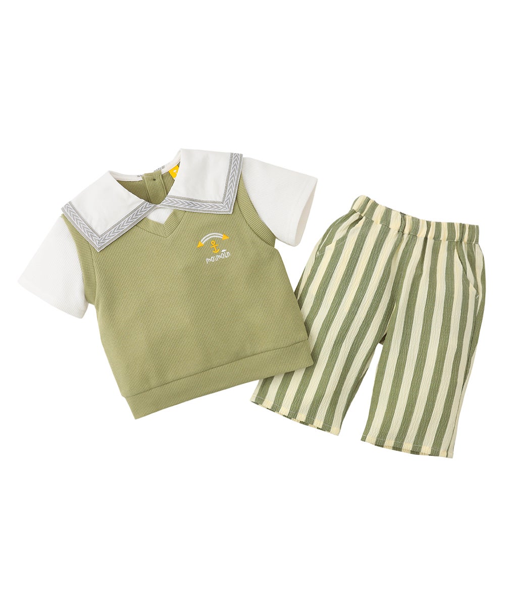 セットアップ】ワッフルフェイクレイヤード半袖トップス＆パンツ